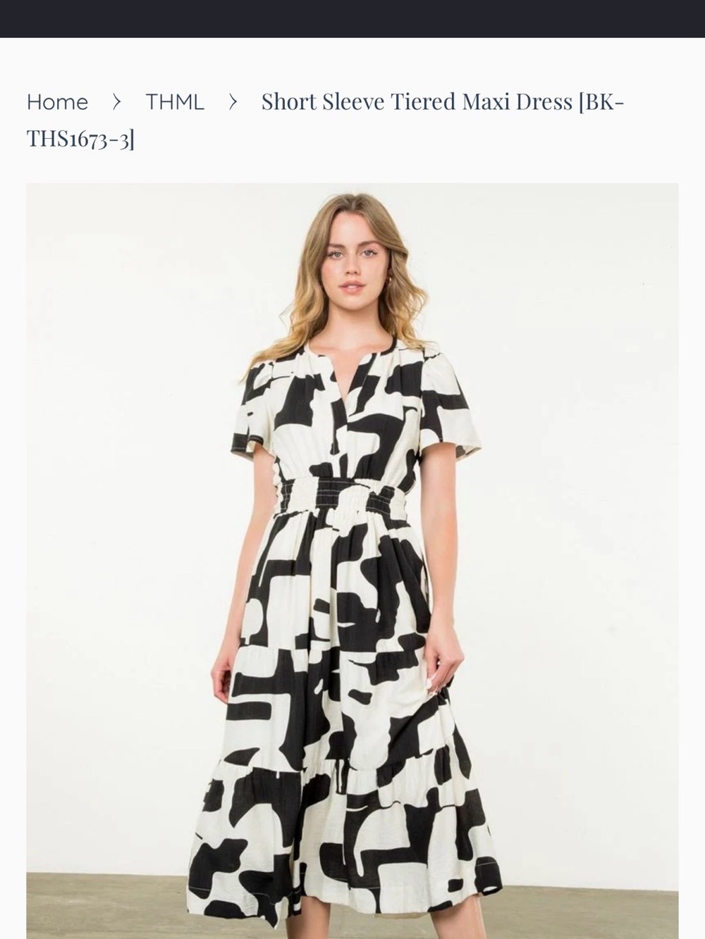THML Black and White Short Sleeve Tiered Maxi Dress with Smocked Waist